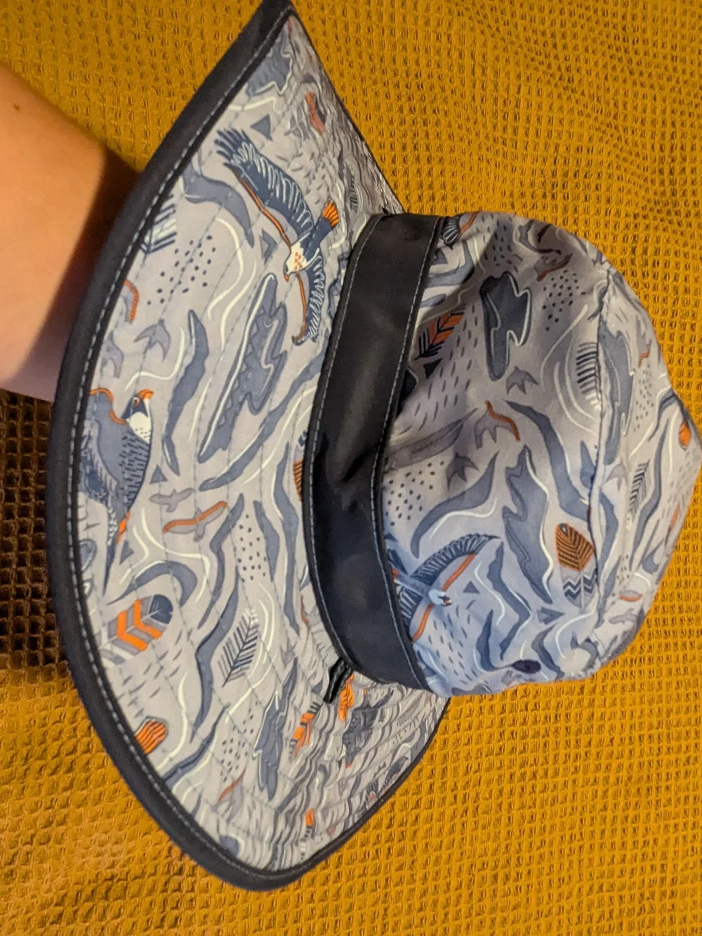 Sunday Kids Sun Hat in Gray, Blue, Orange Bird Print